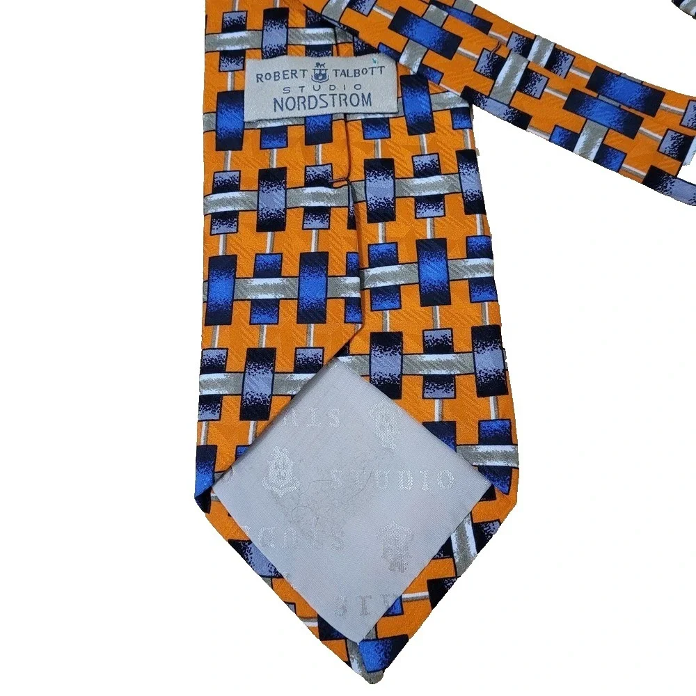 Robert Talbott Studio Men's Tie Orange/ Blue   Geometric Silk Printed‎ Necktie